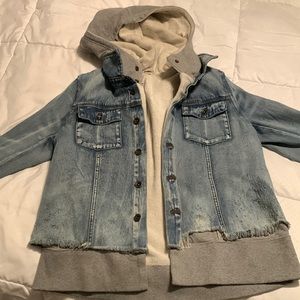 Free People Distressed jean jacket with sweatshirt lining and hood